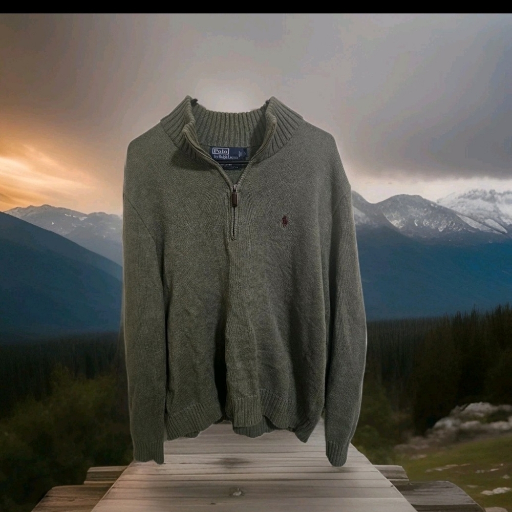 Men's Polo Ralph Lauren Sweater Quarter Zip olive Green.100%Cotton. Leather LG